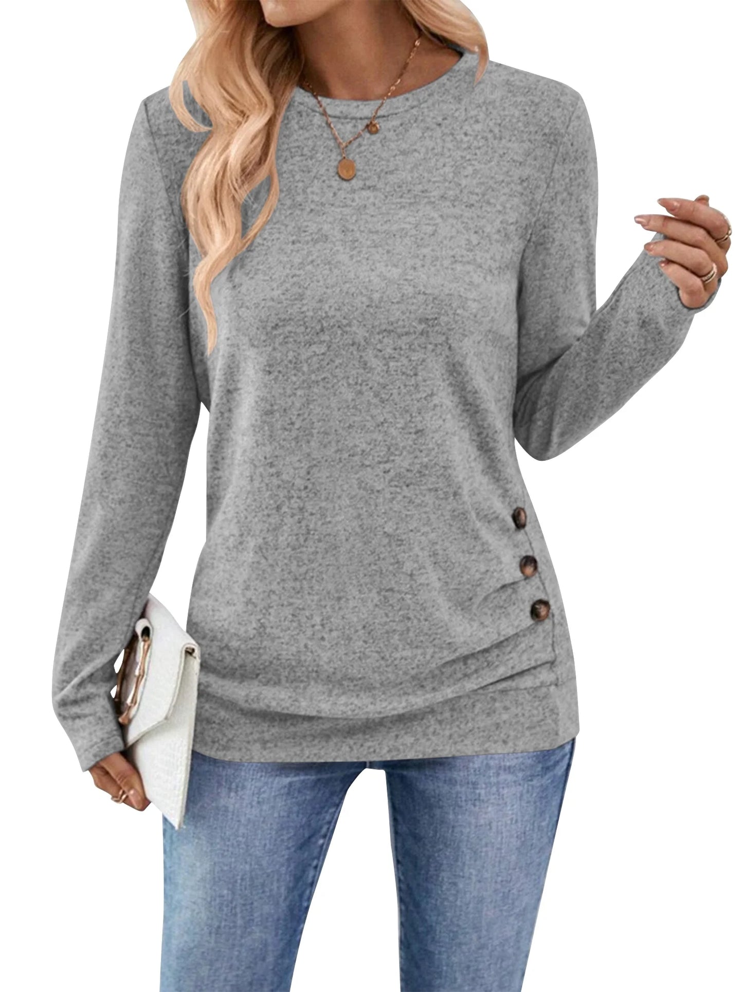 Long Sleeve Shirts for Women Fall Womens Tops Crew Neck Shirts for Women Lightweight Pullover Basic Tunic Winter Clothes Grey S