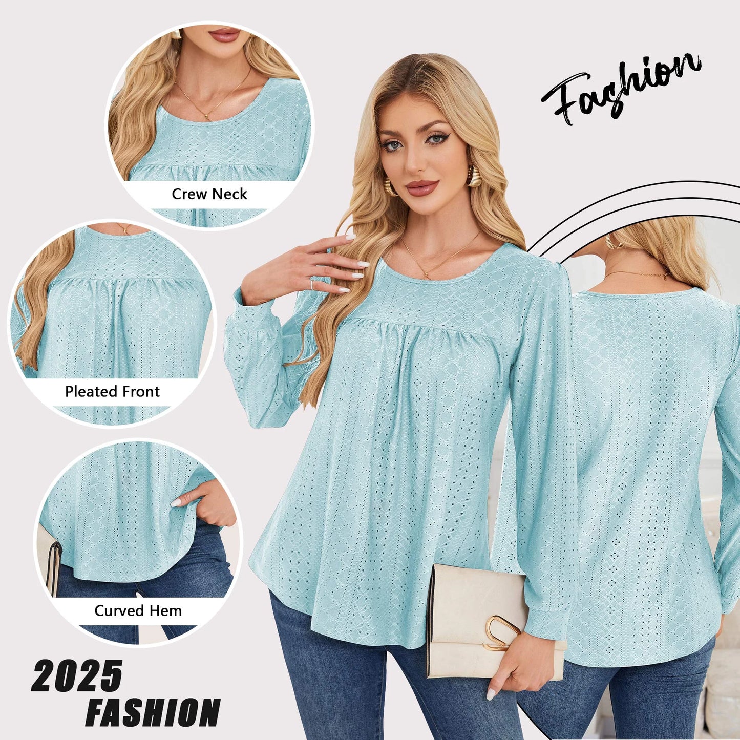 Long Sleeve Blouses for Women Fall Dressy Eyelet Shirts Tops Ladies 2025 Blue Crew Neck Cute Casual Tee Shirts S