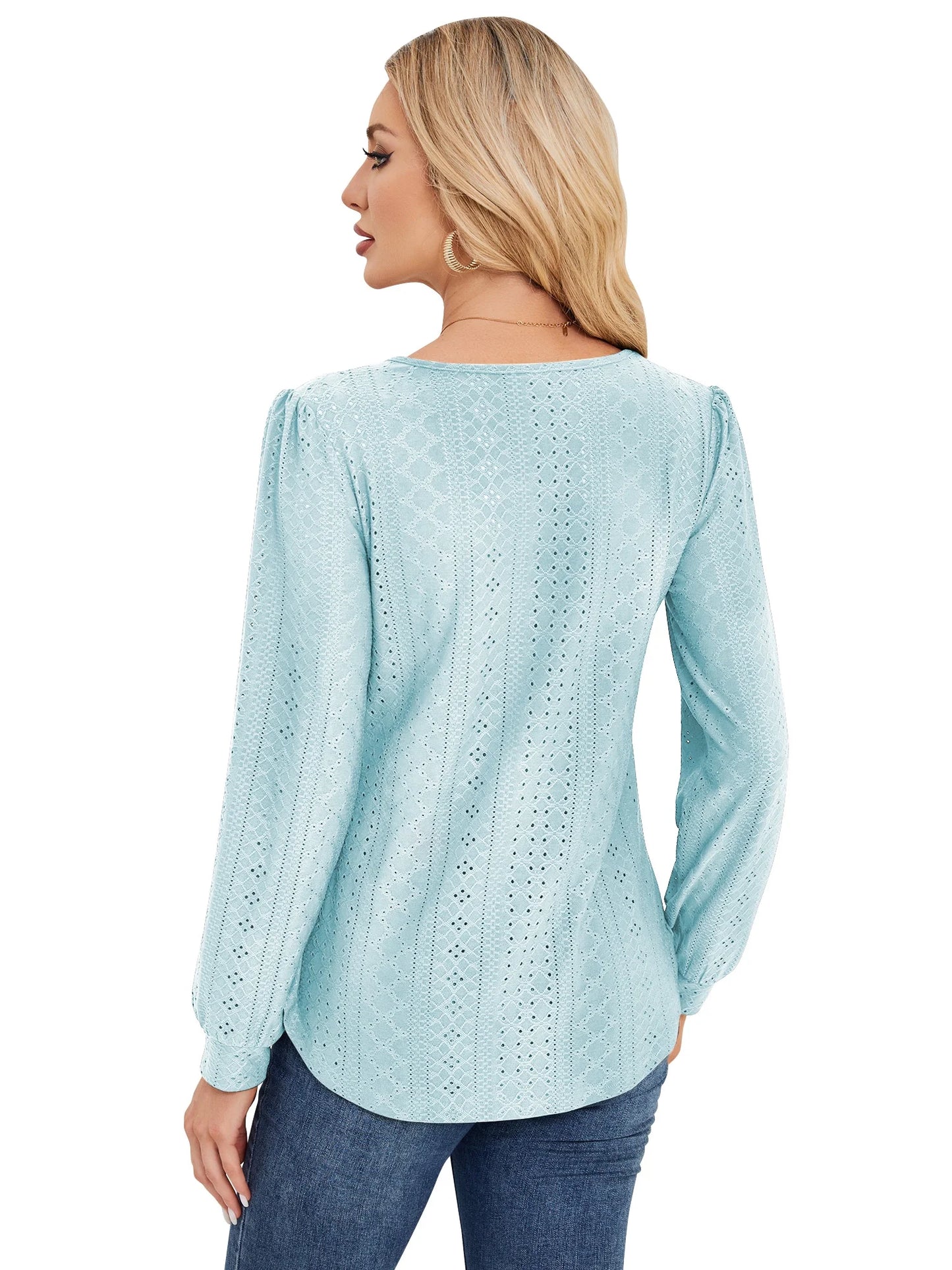 Long Sleeve Blouses for Women Fall Dressy Eyelet Shirts Tops Ladies 2025 Blue Crew Neck Cute Casual Tee Shirts S