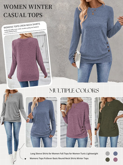 Long Sleeve Shirts for Women Fall Womens Tops Crew Neck Shirts for Women Lightweight Pullover Basic Tunic Winter Clothes Grey S