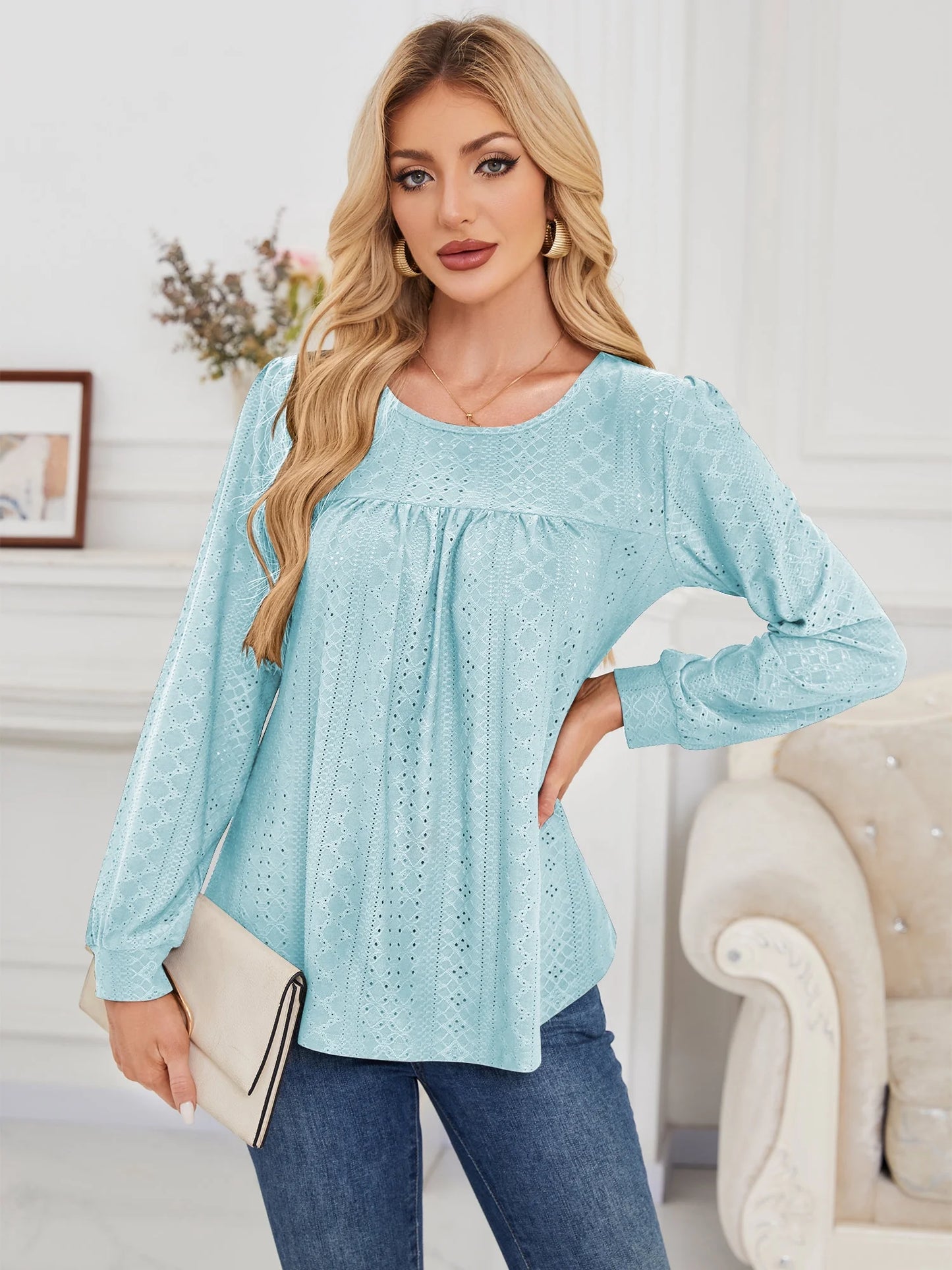 Long Sleeve Blouses for Women Fall Dressy Eyelet Shirts Tops Ladies 2025 Blue Crew Neck Cute Casual Tee Shirts S