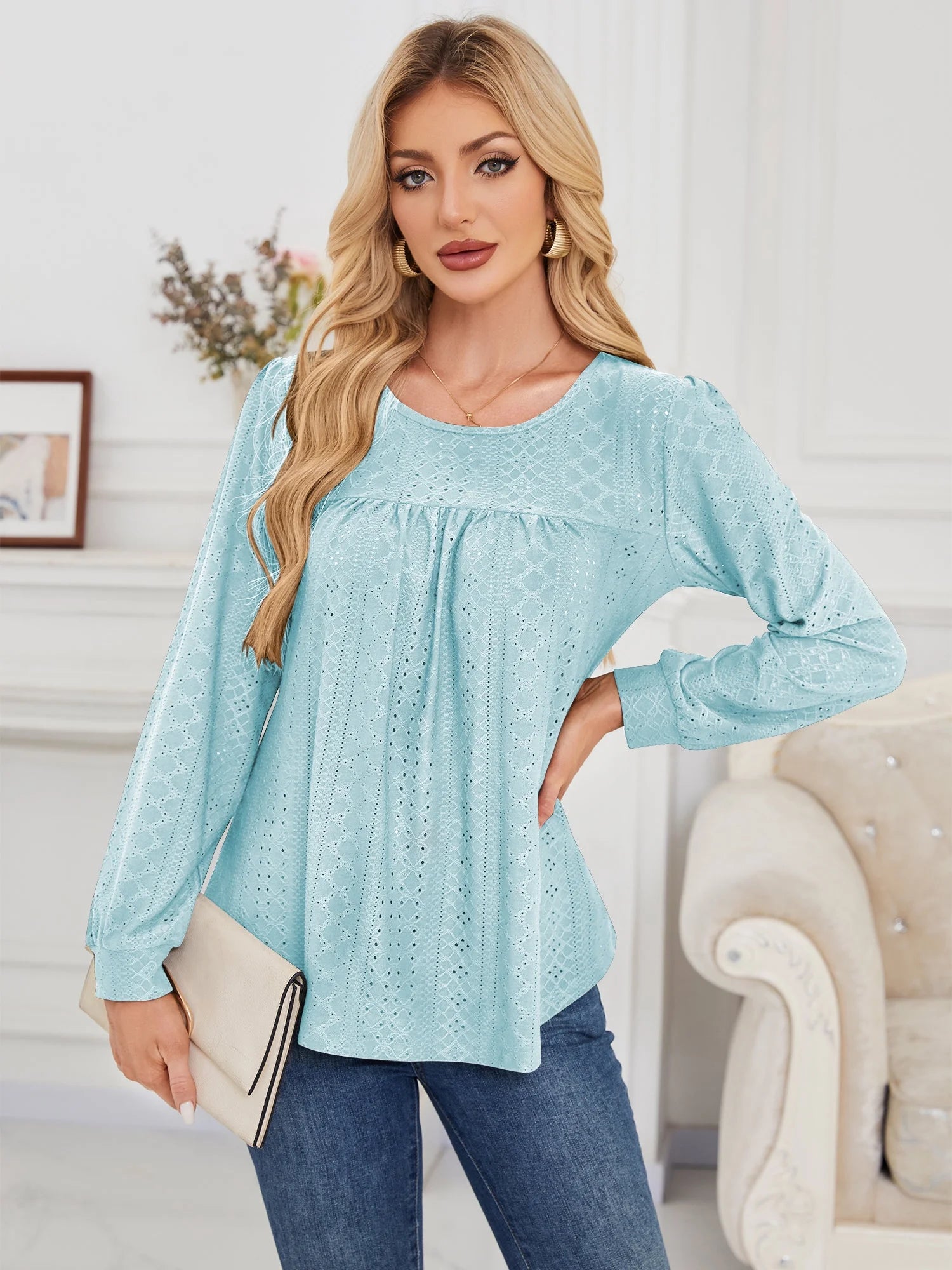 Long Sleeve Blouses for Women Fall Dressy Eyelet Shirts Tops Ladies 2025 Blue Crew Neck Cute Casual Tee Shirts S