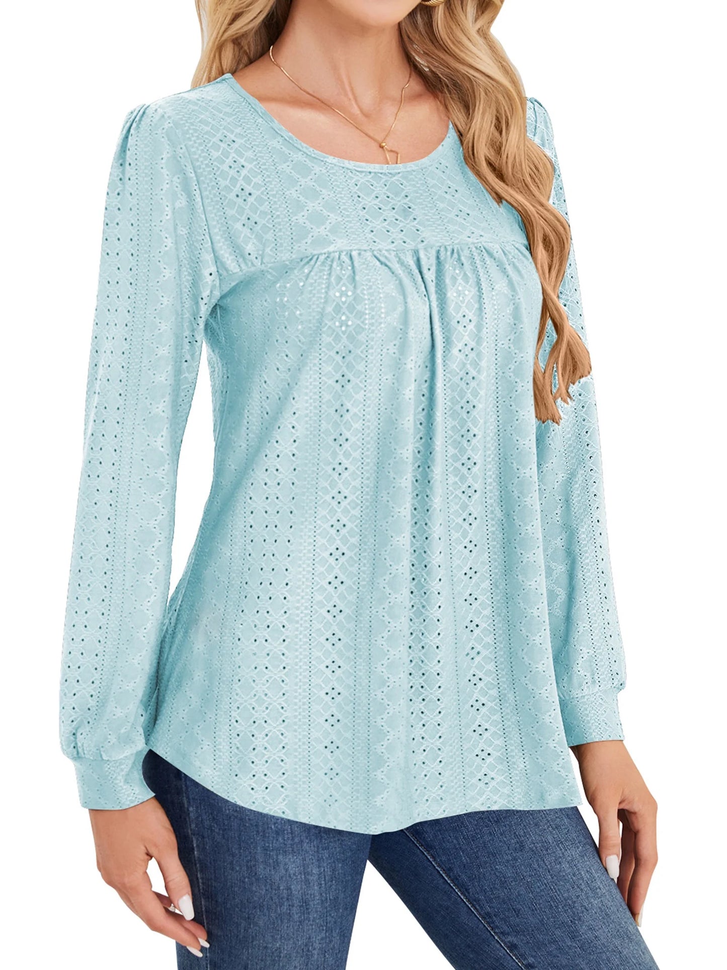 Long Sleeve Blouses for Women Fall Dressy Eyelet Shirts Tops Ladies 2025 Blue Crew Neck Cute Casual Tee Shirts S